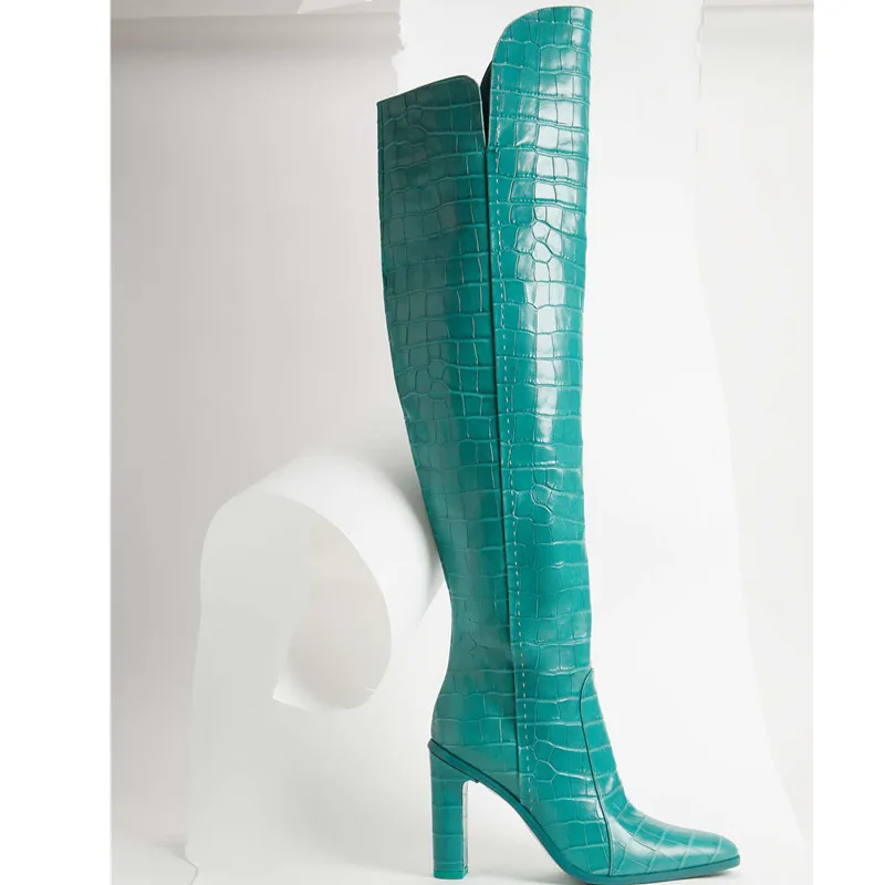 MStacchi; коллекция года; пикантные Женские Сапоги выше колена с острым носком и каменным узором; женские высокие сапоги на не сужающемся книзу массивном высоком каблуке