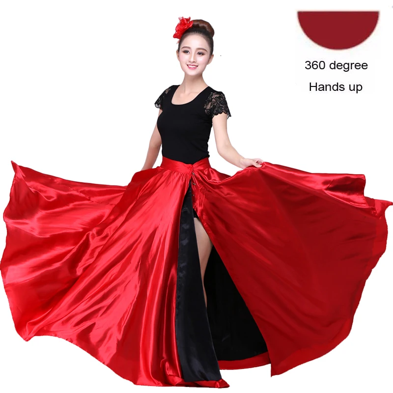 Красное, черное, атласное, однотонное испанское фламенко-юбка, кружевные женские танцевальные костюмы, 360-720 градусов, бальные платья для девочек, платье для мамы и дочки - Цвет: Adult 360 degree