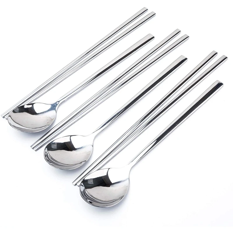 3 Pairs Stainless Steel Chopsticks and Spoon Set Reusable Metal Square Handle Spoons | Дом и сад