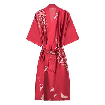 

Burgundy Home Clothes Rayon Women Robe Kimono Gown Sexy Intimate Lingerie Sleepwear Night Dress Print Flower bath robe