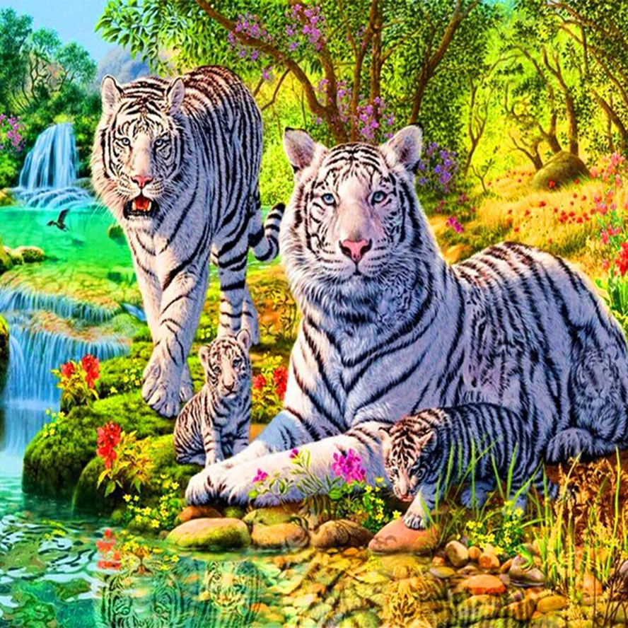 Полноразмерная 5D алмазная живопись сделай сам Семья Тигра 3D мозаика круглые