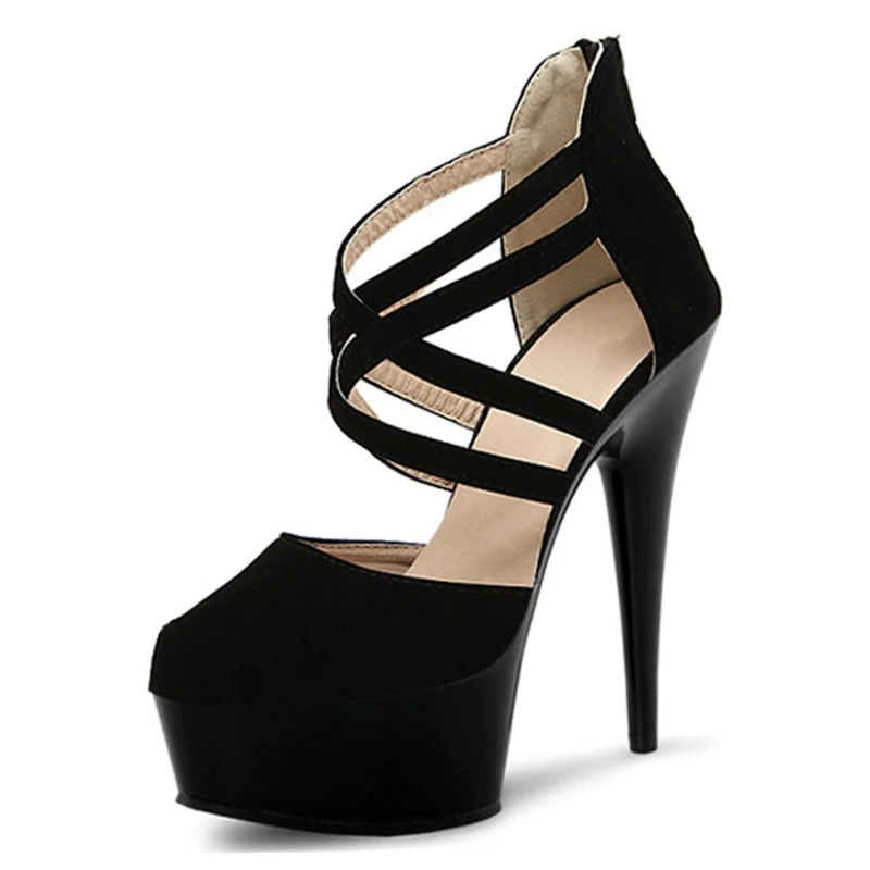 Повседневная женская обувь черного цвета на высоком каблуке для ночного клуба; обувь для экзотических танцев; Летние сандалии с открытым носком на толстой платформе с пряжкой в римском стиле