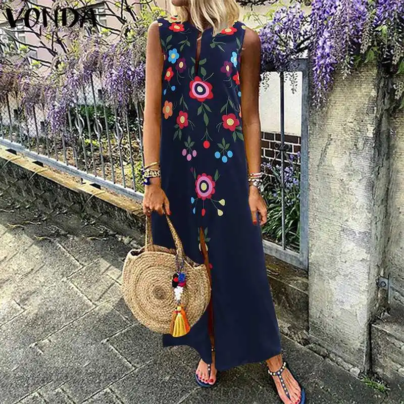 VONDA Women Dress Sexy V Neck Sleeveless Print Vestidos 2020 Summer Fashion Party Long Dress