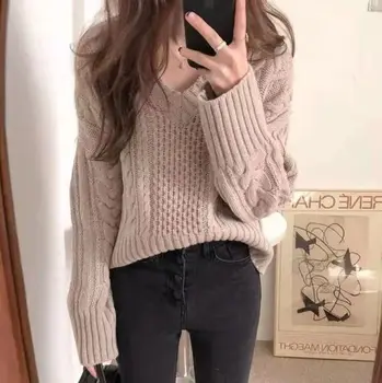

FMFSSOM Spring Autumn Loose Lazy Warm Soft Knitted V-neck Multi-Color Women Lady Female Pullover Sweater