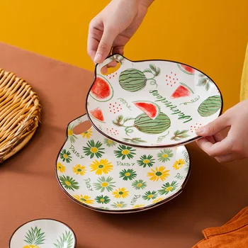

Tableware Ceramic Dinner Plate Set Dish 9/11 Inch Porcelain Cute Dessert Plate Dinnerware Rectangle Round Double Ear Fruit Plate