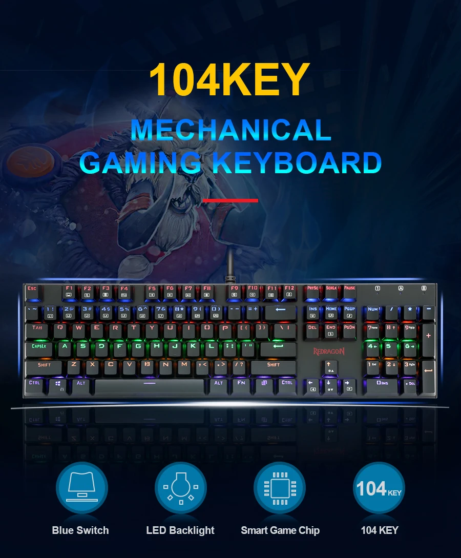 Redragon k565メカニカルゲーミングキーボード,レインボープリント,usb,アルミニウム,ブルースイッチ,人間工学に基づいたledバックライト,104キー,有線コンピューターゲーム|keyboard  rainbow|mechanical keyboardrainbow mechanical keyboard - AliExpress