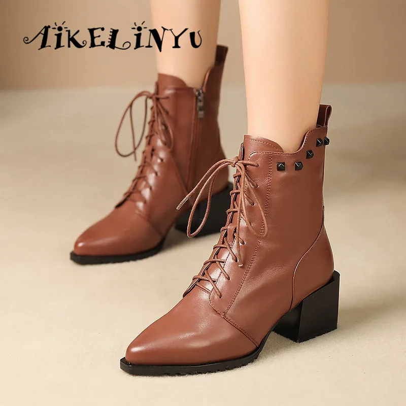 

AIKELINYU Winter Warm Women Martin Boots Female Motorcycle Ankle Boots Sharp End Lace-Up Shoes Lady Fashion Women Rivet Boots