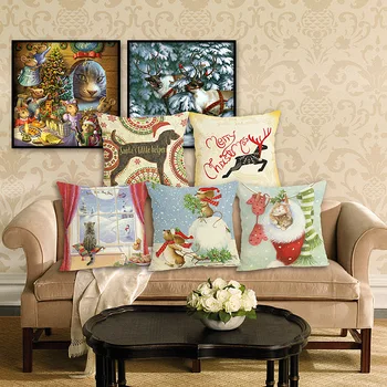 

Christmas Stocking Animal Cushion Christmas Home Decoration 45x45 Decorative Beige Linen Throw Pillow