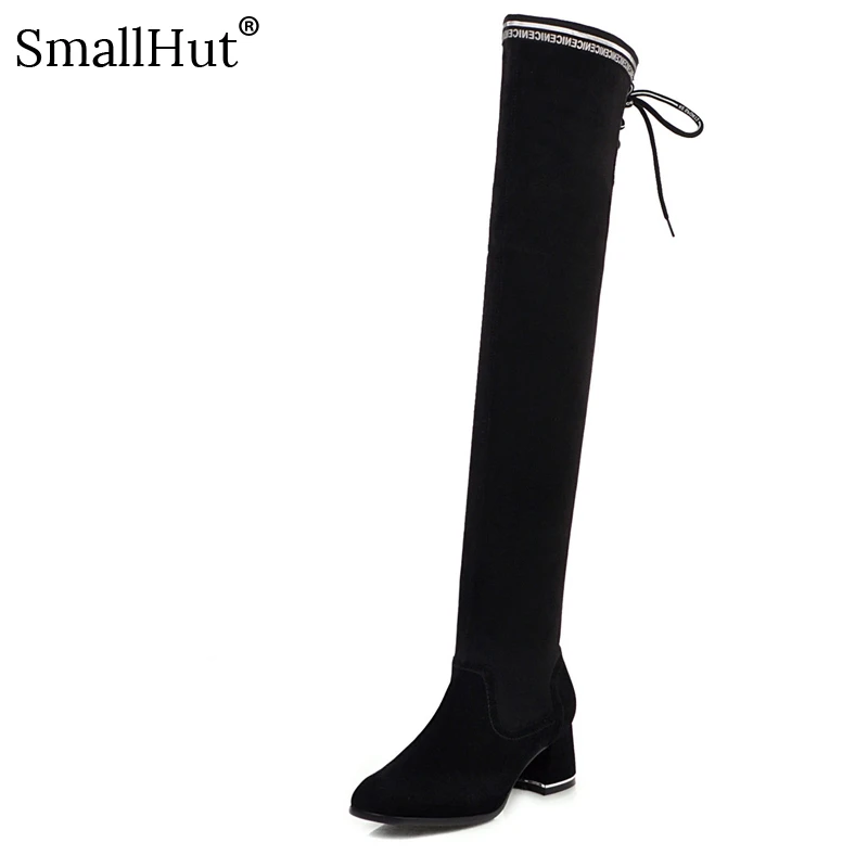 

Over the Knee High Boots New 2019 Round Toe Square heel Narrow Band Women Autumn Ladies Stretch Fabric E166 Woman Black Shoes