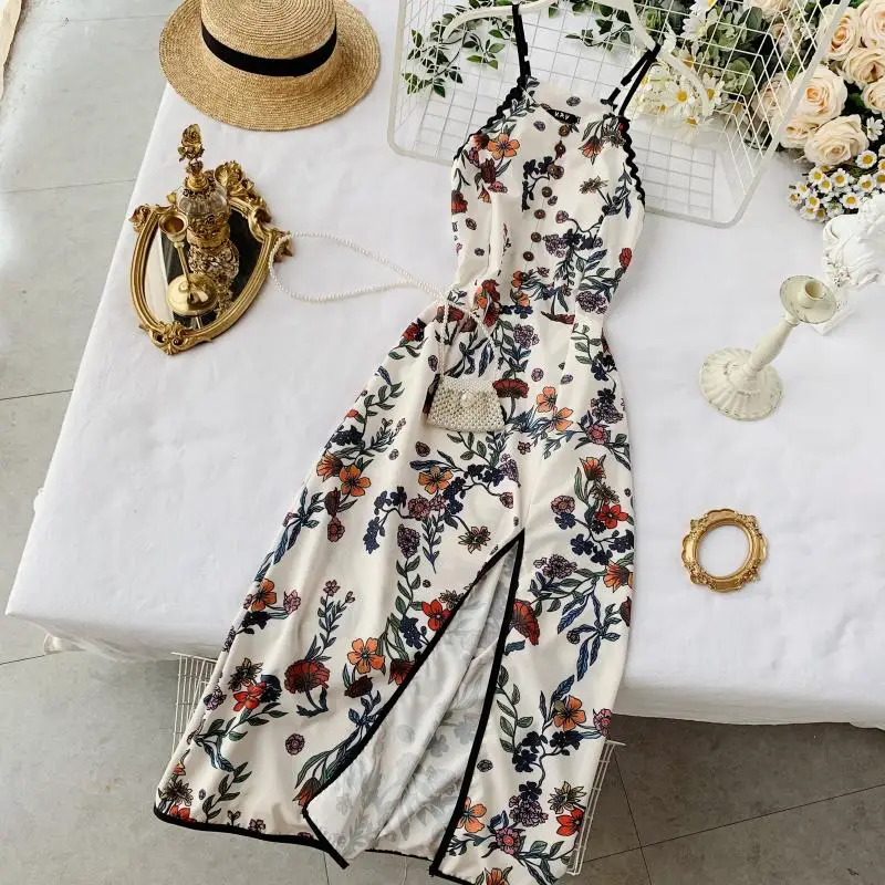 

2019 new fashion women's clothing adult Halter Print Slim Retro Sexy Split Dress