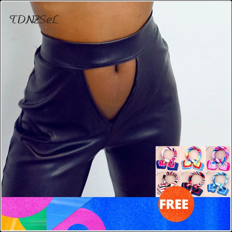 

Sexy Black PU Leather Pencil Pants Women High Waist Front Hollow Midriff Trousers Autumn Winter New Hip Hop Punk Nightclub Pants