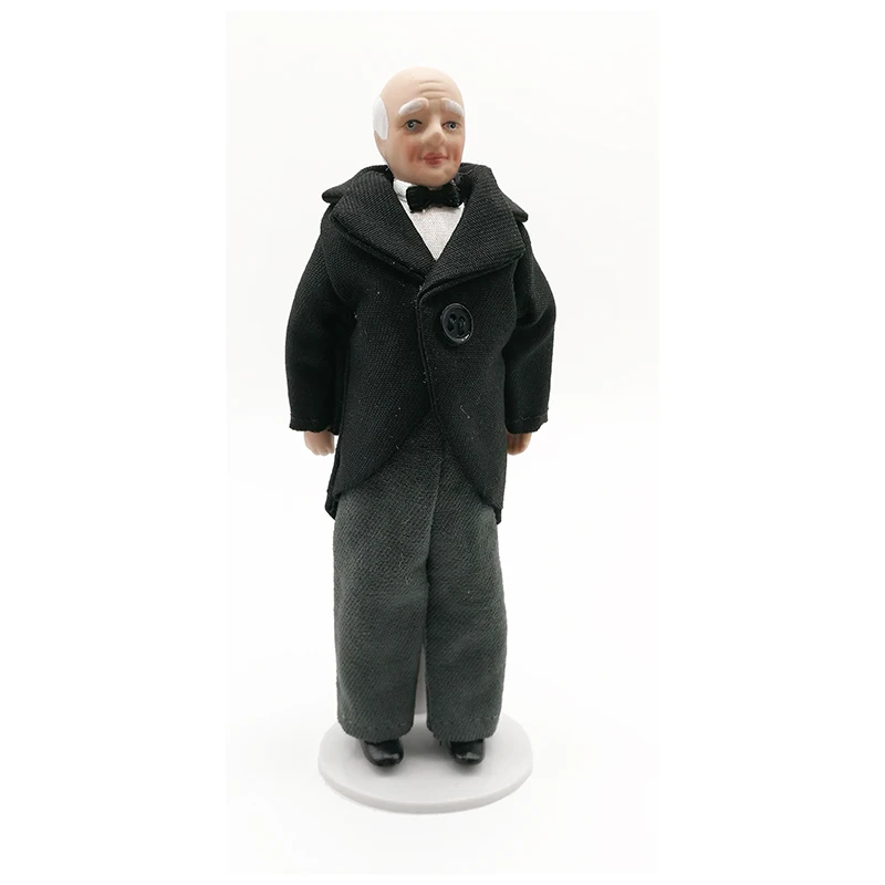 Dollhouse Miniature Porcelain Male Doll Dressed in Black Jacket 