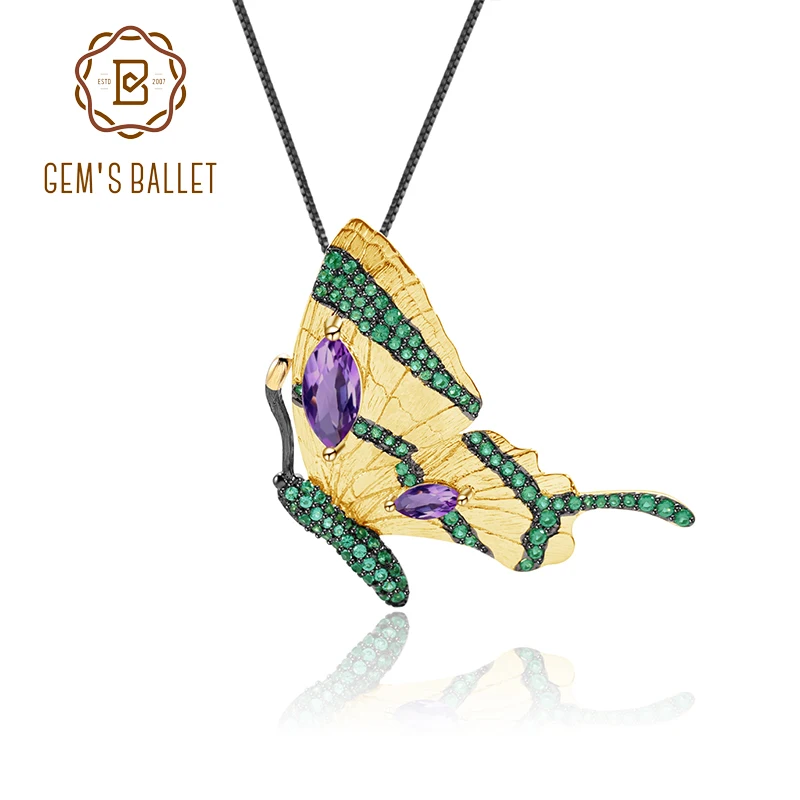 

GEM'S BALLET Butterfly Brooch Pendant Retro Jewelry 925 Sterling Silver Gold-plated Natural Amethyst For Women Fine Jewelry