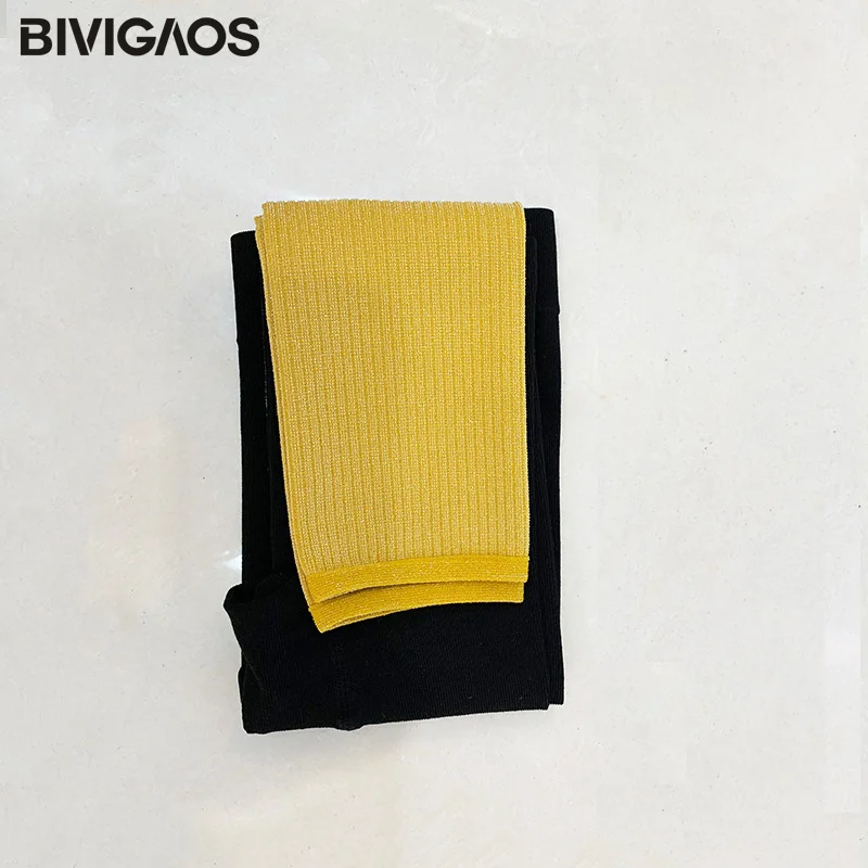 Black-Yellow BIVIGAOS осенние Мода и досуг женские хлопковые леггинсы красивая нога давление контрастный цвет серебряный шелк высокие эластичные спортивные Леггинсы брюки Треники - Цвет: Black-Yellow
