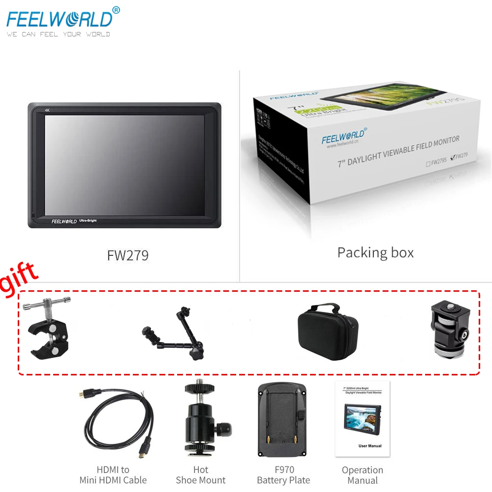 Накамерный монитор Feelworld FW279S 7&quot 2200nit дневного света поле DSLR 3G SDI формат 4K HDMI