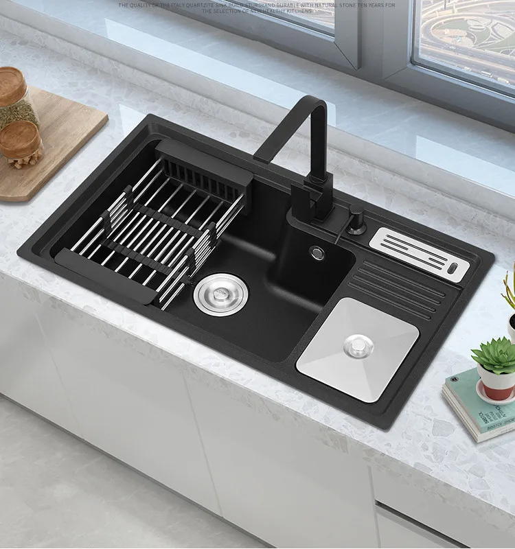 

Quartz Kitchen Sink With Knife-Holder And Trash Can Multifunction Single Bowl Black Basin Sink For Kitchen Fixture 30.7" x 17.7"