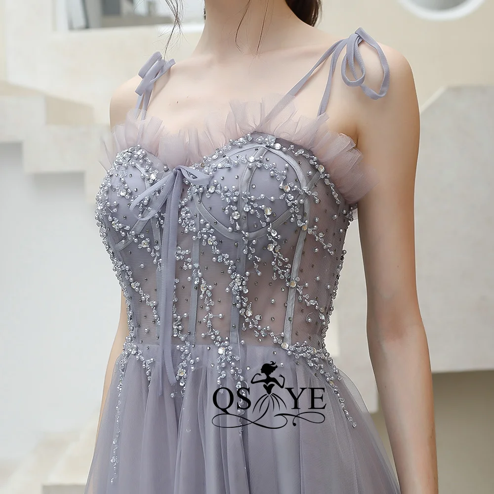 QSYYE 2019 ever pretty Длинные Выпускные платья Тюль Спагетти ремень халат de Soir украшенное бисером с длиной до пола формальное вечернее платье