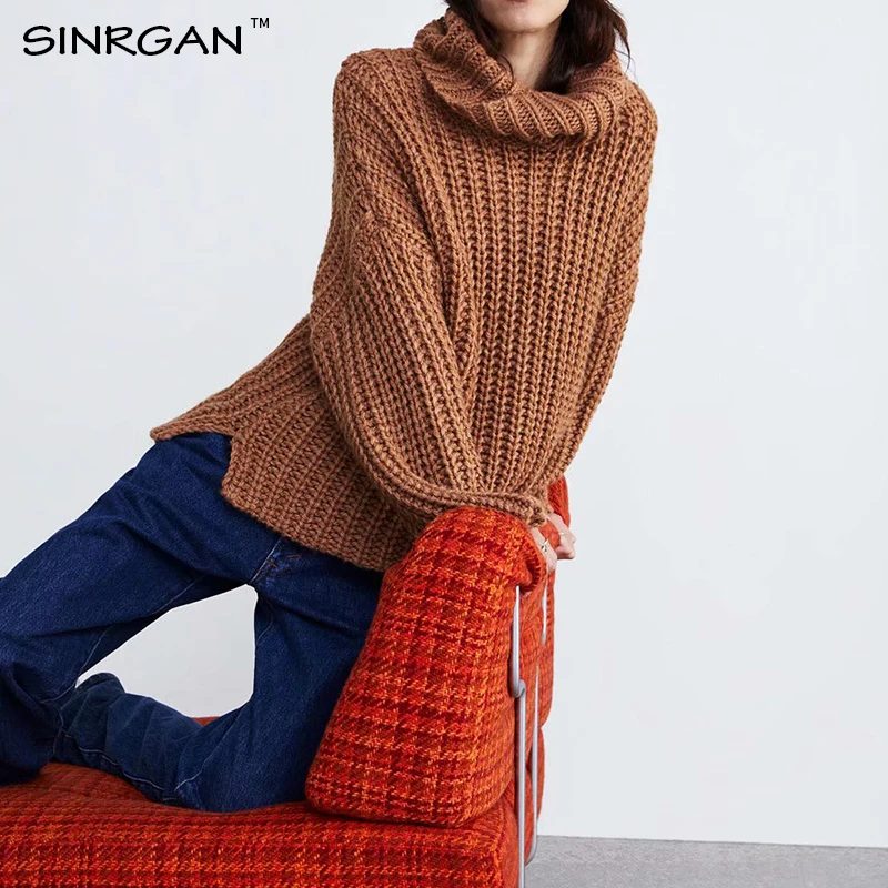 SINRGAN Turtleneck Knitted Long Pullovers Autumn Winter Casual Loose Solid Sweaters Plus size Knitting Jumper Streetwear
