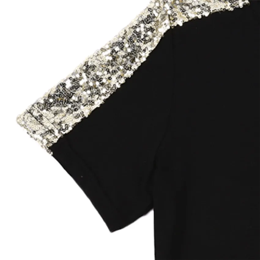 Расшитая блестками футболка женская с карманом футболки топы Mujer модная черная футболка женская футболка с коротким рукавом Летний женский топ