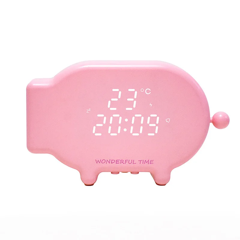Pig Time Alarm Clock Led Bring Temperature Noctilucent Clocks Function Usb Charge Acousto-optic Control Small Night-light - Цвет: pink colour
