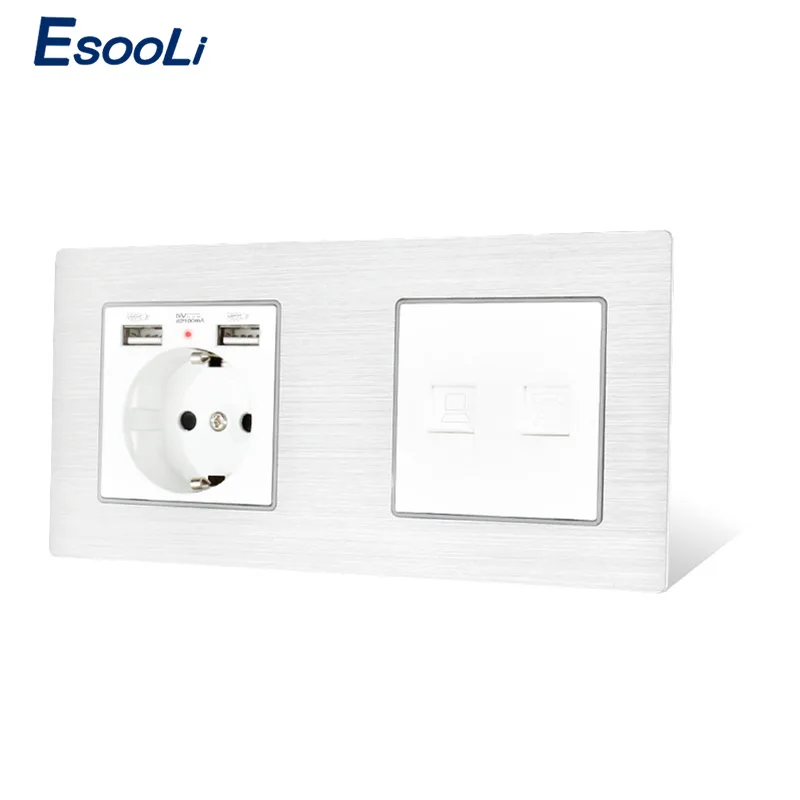 Esooli алюминиевая панель ЕС розетка с 2 USB+ RJ11 телефонный разъем с RJ45 данных компьютер Интернет-разъем розетки