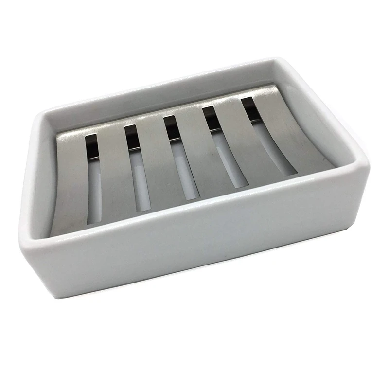 Ceramic Soap Dish Stainless Steel Soap Holder for Bathroom and Shower Double Layer Draining Soap Box