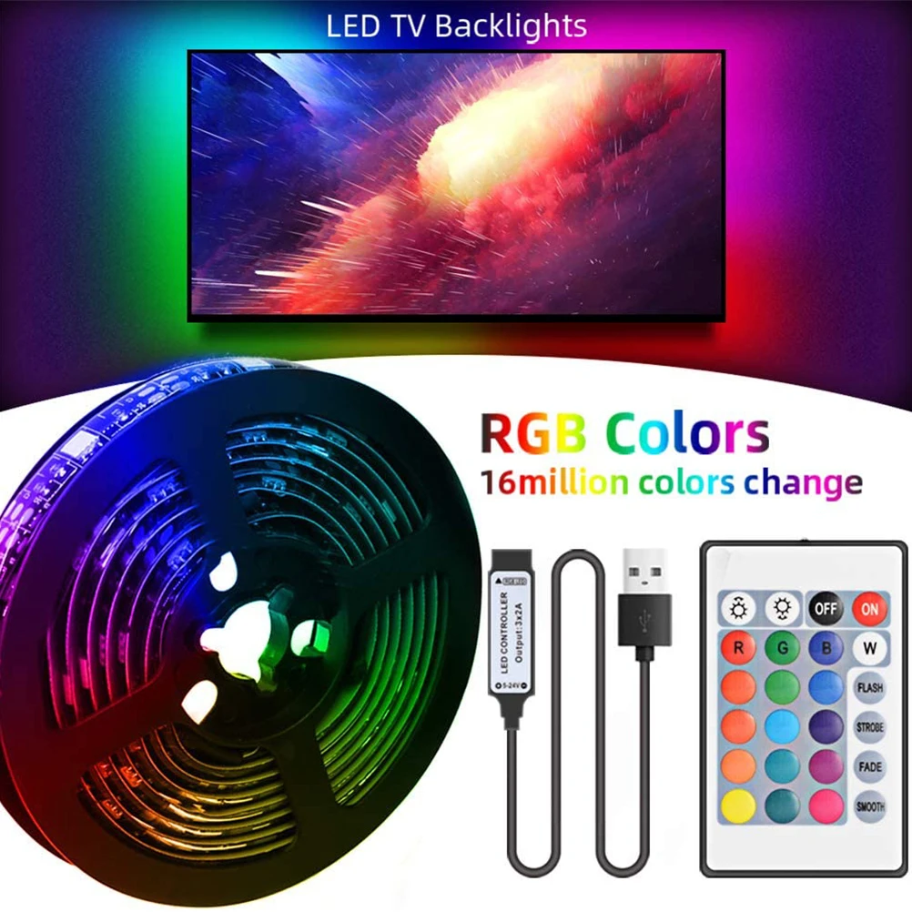 Tira de luces LED RGB que cambia de Color, con Control remoto de 24 teclas,  sin batería, decoración del hogar, cinta Flexible _ - AliExpress Mobile