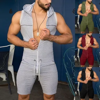 

Men Short Tight Jumpsuit Zipper Sleeveless Bodysuit Hooded Rompers Pants with Pockets Casual Men Tracksuit Pants Plus Size