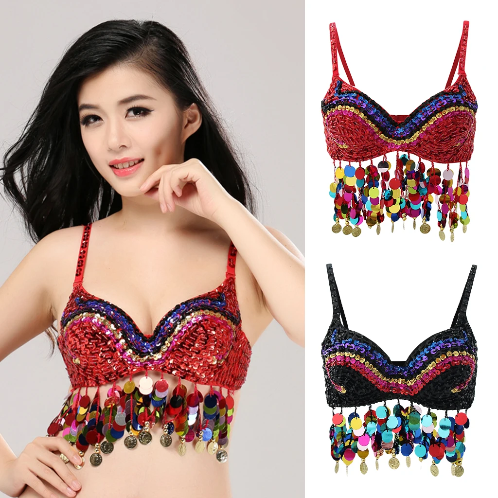 Glitter Tribal Belly Dance Bra Top with Sequins Tassels Dancing Costume