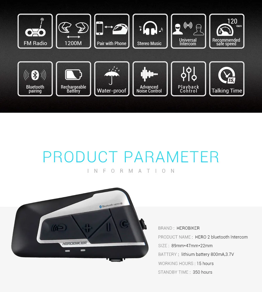 HEROBIKER Motorcycle Helmet Intercom Waterproof Wireless Bluetooth Intercom Motorcycle Headset Interphone for 2 Rides 1200M 2set