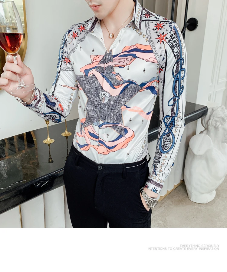 Роскошная рубашка для мужчин Осенняя Повседневная приталенная рубашка с длинными рукавами дизайнерские вечерние платья для выпускного вечера с принтом рубашка Camisa Hombre