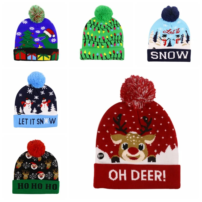 Женские и мужские рождественские шапочки с изображением оленя, черепов, лосей, вышивка, теплый светодиодный, вязанные зимние шапки, шапка с помпоном