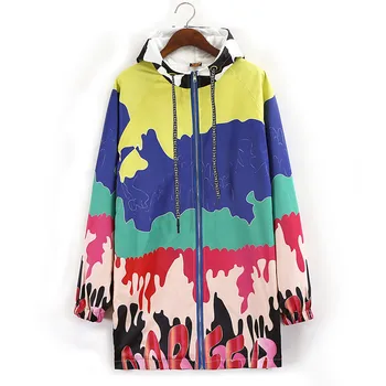 

Hip Hop style Autunm Winter Women Trench Coat Loose Medium-long Windbreaker Zipper Patchwork Streetwear Hooded Outwear