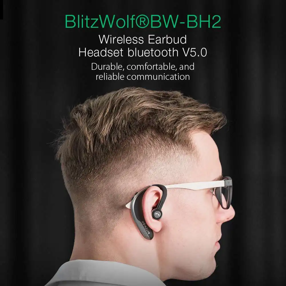 BlitzWolf BW-BH2, беспроводные bluetooth 5,0 наушники, одиночные, бизнес, спортивные, с крючком, громкая связь, звонки, вождение автомобиля, драйвер, наушники, микрофон