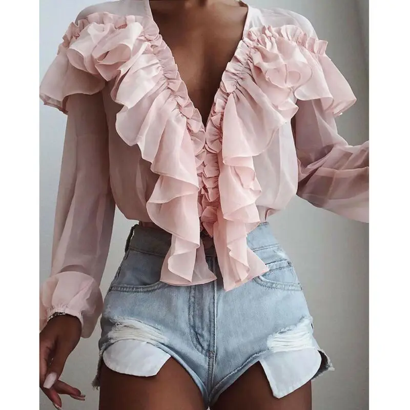 Women Chiffon Solid Color V-Neck Ruffle Trim Blouse Ladies Casual Long Sleeve Top Shirt Loose Female Blusas