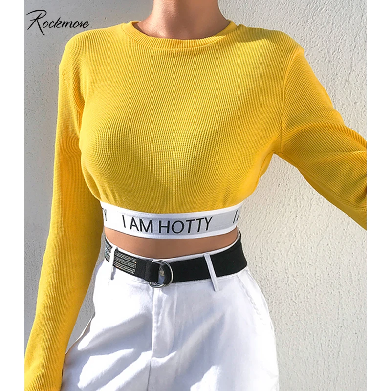 

Rockmore Bodycon Bow Belt Letter Printed Women Long Sleeve T Shirt Femme Fall Korea Harajuku Cropped Tops Tees T-Shirts Outwear