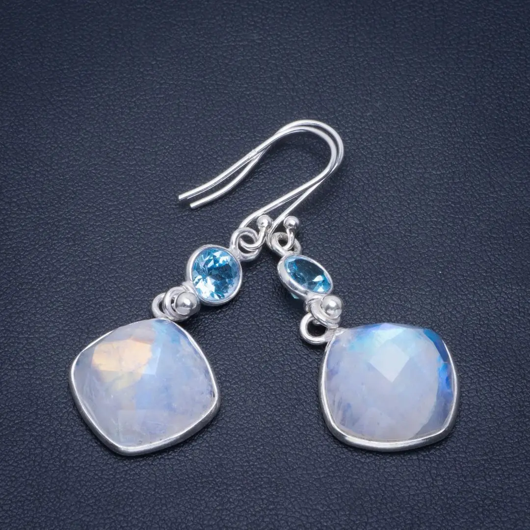 

Natural Rainbow Moonstone and Blue Topaz Handmade Unique 925 Sterling Silver Earrings 2" B2845