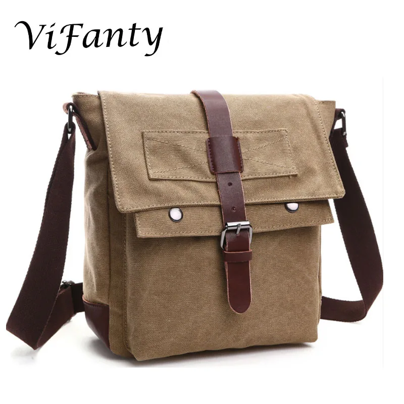 Khaki Маленький размер Мужская сумка-мессенджер винтажная парусиновая кожаная военная сумка на плечо для ноутбука - Цвет: Khaki