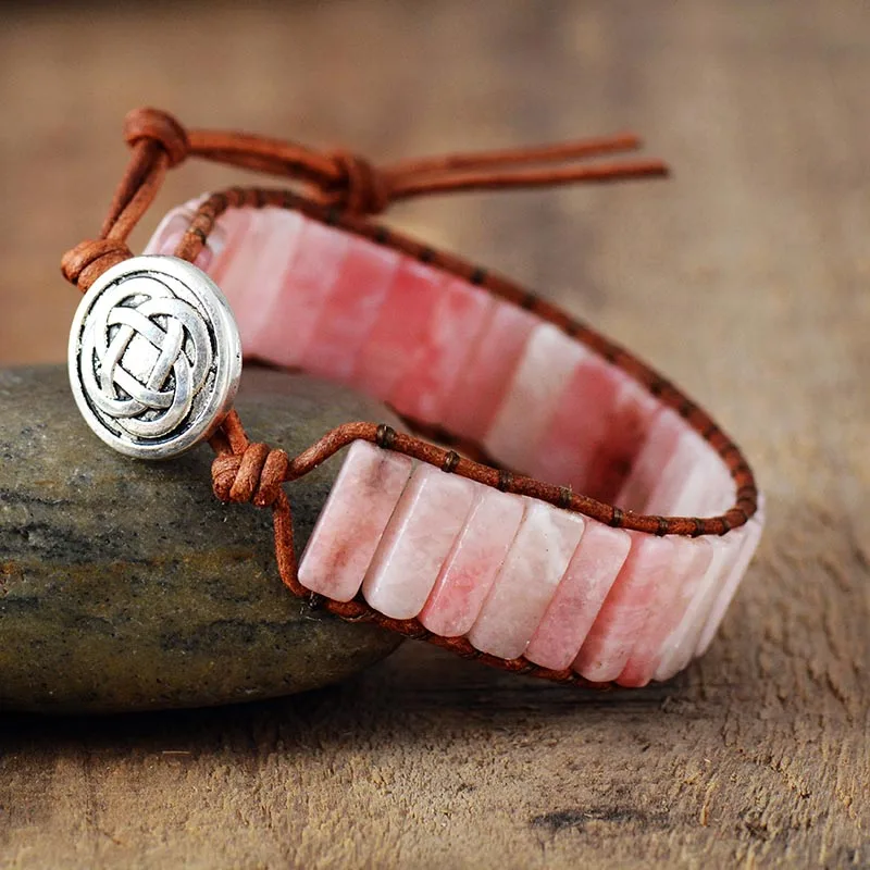 Women Bracelet Jewelry Natural Pink Opal Stone Tube Beads Leather Wrap Bracelet Girlfriend Gifts