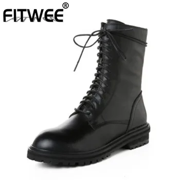 

FITWEE Woman Flat Heel Ankle Boots Real Leather Metal Chain Woman Winter Shoes Fashion Punk Ladies Short Boots Size 34-43