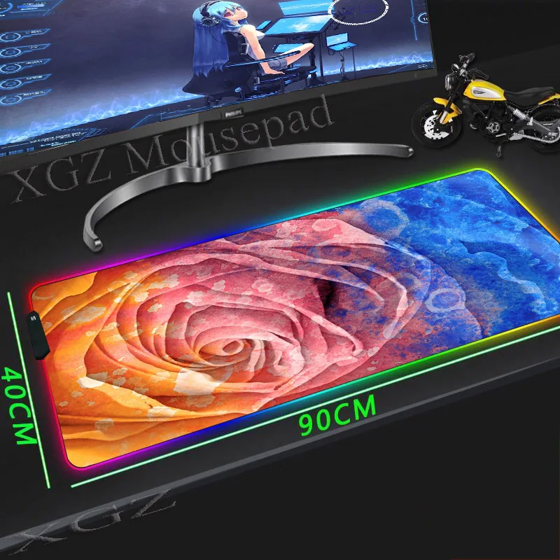 Большой коврик для мыши XGZ с цветными цветами розы аниме RGB компьютерный