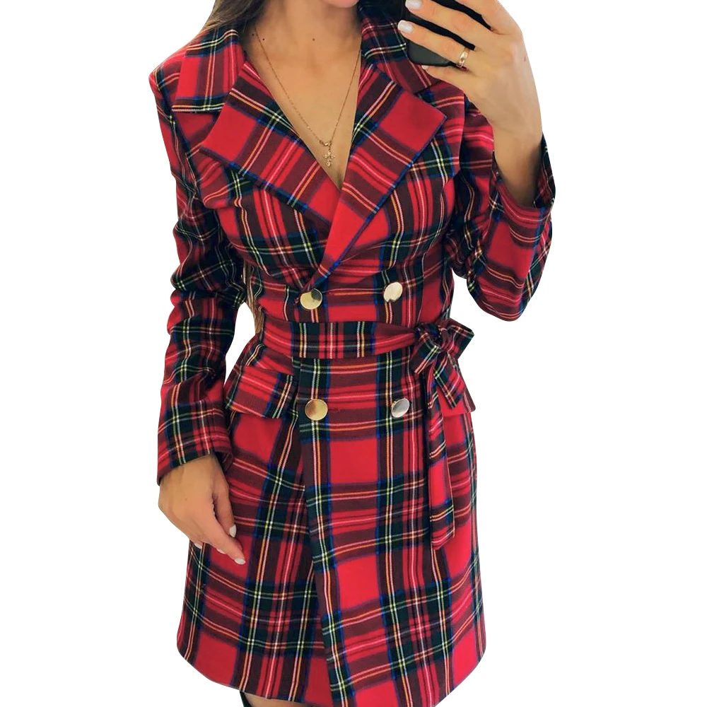 Sale Fashion Brand New Women Slim Long Trench Coat Double-Breasted Belt red plaid Windbreaker Autumn Spring Outerwear D30 2