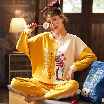 

Chinese Style Drama Pattern Pyjamas Set For Women Long Sleeve Pijamas Mujer Female Full Pure Cotton Pajamas Female Sleepwear