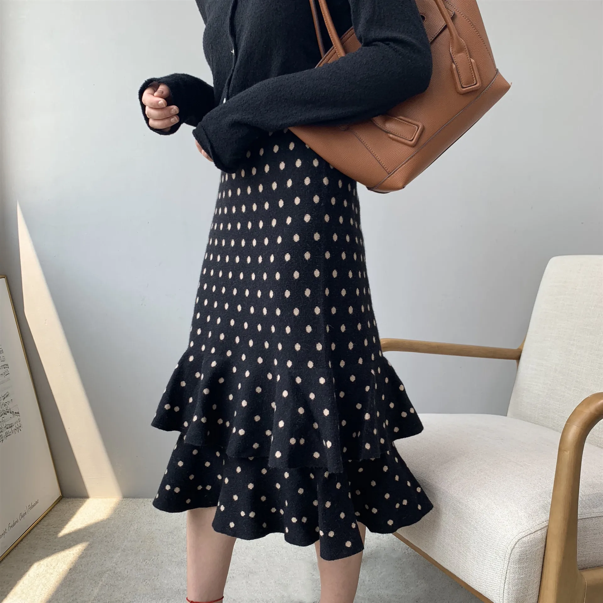 picture 2 Элегантные осенне-зимние вязаные юбки женский свитер Bodycon Русалка Офисная Женская рабочая одежда в горошек с оборками юбка saias faldas - Цвет: picture 2
