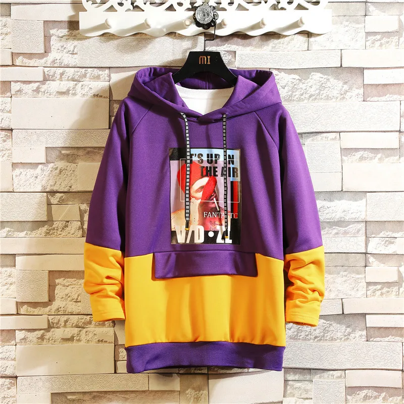 

2019 Autumn And Winter Men's New Casual Contrast Color Loose Pattern Printing Hooded Temperament Trend Cotton Hoodies