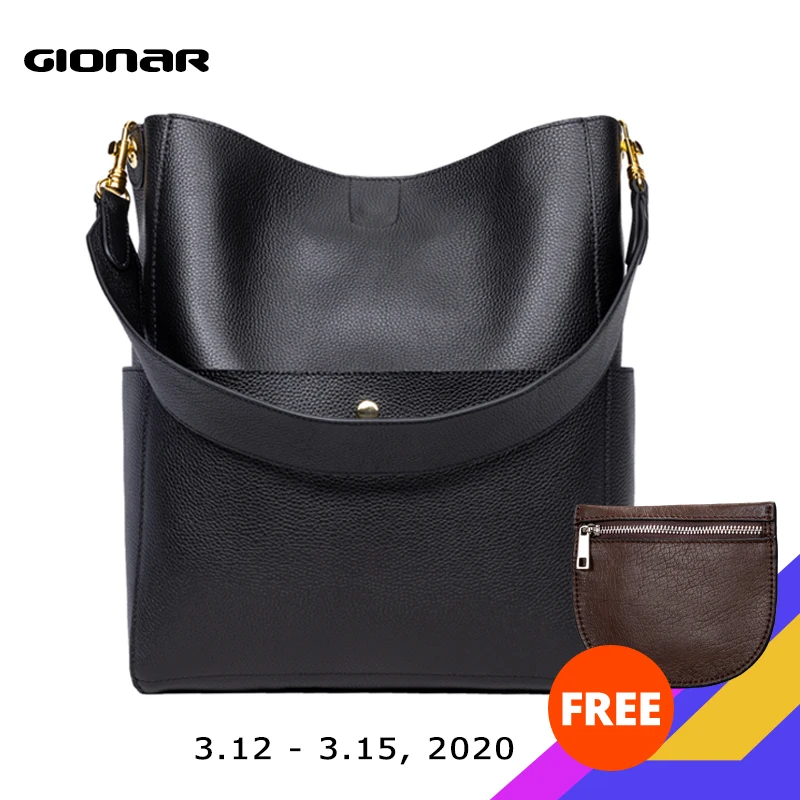 

GIONAR RFID Soft Genuine Real Leather Bucket Tote Bag Women Designer Two Sets Purse Handbag Soft Leather Large Shoulder Bags