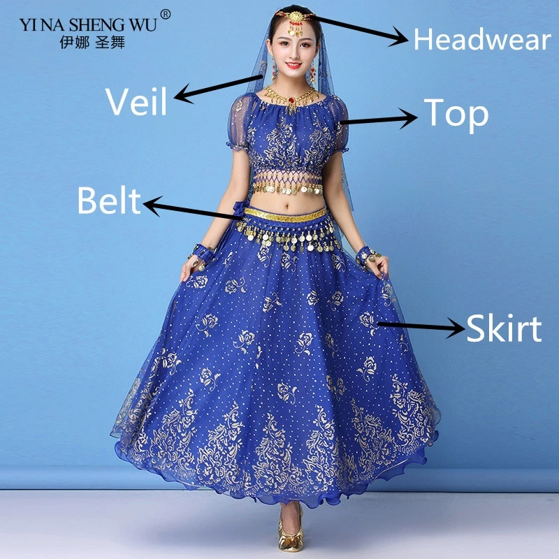 Royal blue 5pcs Набор костюма для танца живота Индийский танец сари танец живота юбка для женщин шифон 7 шт.(головные уборы вуаль Топ Пояс юбка ожерелье серьги - Цвет: Royal blue 5pcs