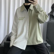Men Tops Korean Fashion Clothing for Mens Loose Fit Oversized Vertical Striped Dress Shirts Asymmetric Design Long Sleeve Shirts