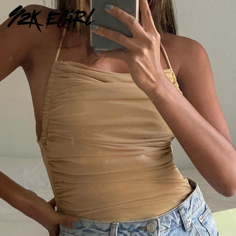 

Y2K EGIRL сексуальным вырезом на спине и повязки вечерние боди Винтаж 90s Уличная крест-накрест на бретелях комбинезоны с рюшами Осенняя Клубная одежда цвета хаки
