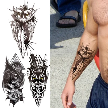 

Spray Owl Fake Temporary Tattoo For Men Women Geometric Flower Tattoos Sticker Black Realistic Eye Waterproof Tatoo Body Abdomen